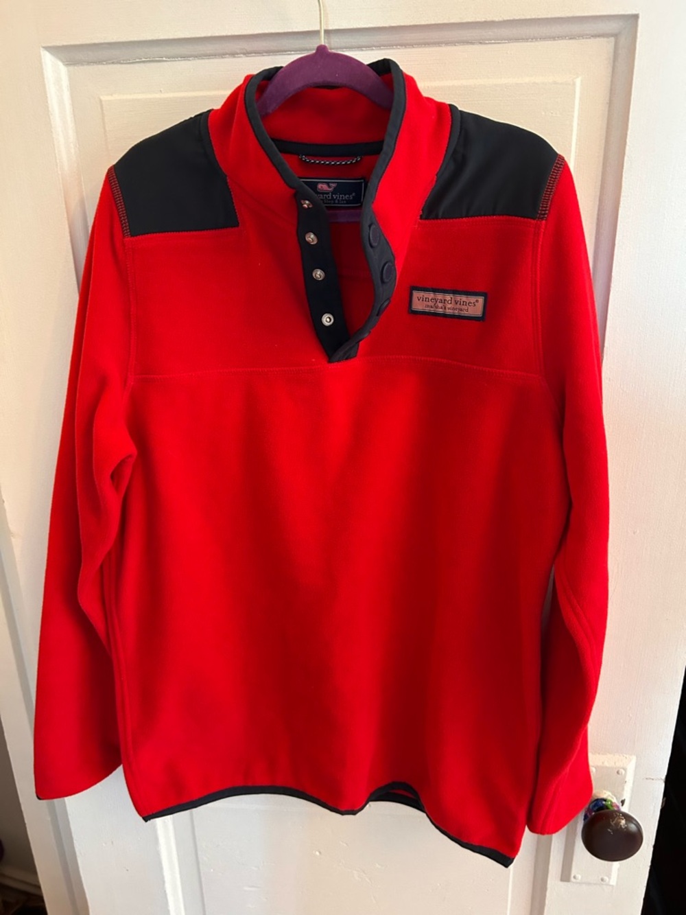 Vineyard Vines Red Fleece Pullover with Navy Yoke